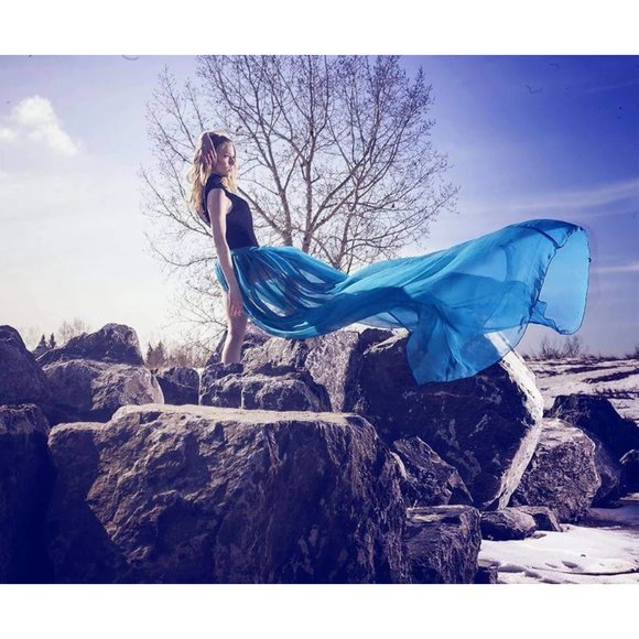 Women's Custom color Long chiffon skirt with elastic waist and full slit - Picture 2 of 8
